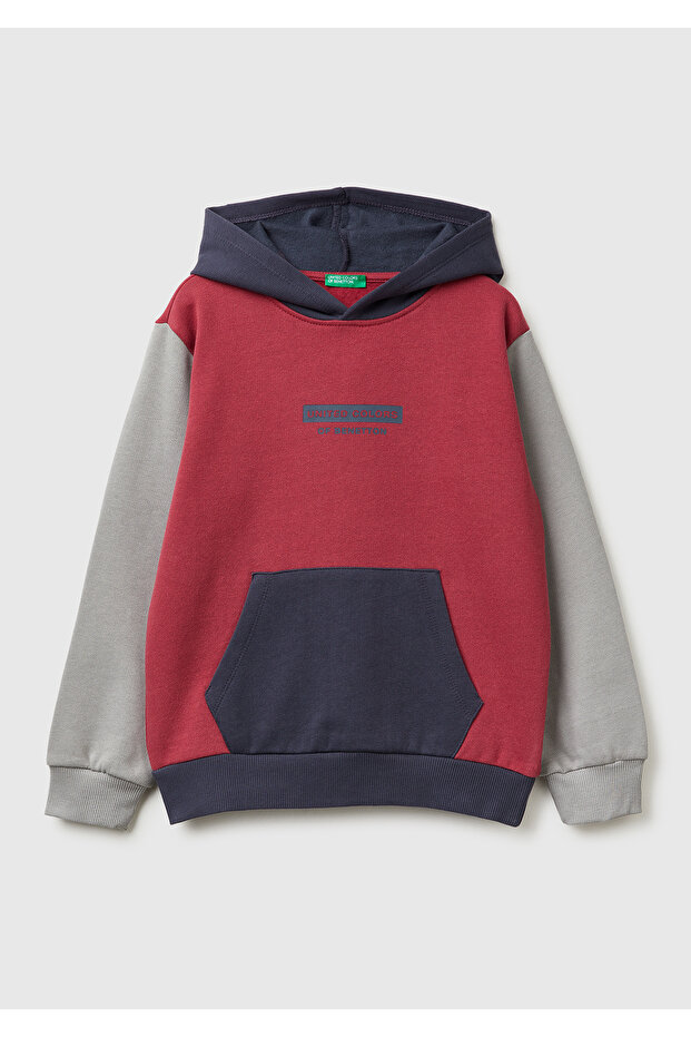 Boy's burgundy-grey ribbed sweatshirt with logo front and Printed pockets Hooded