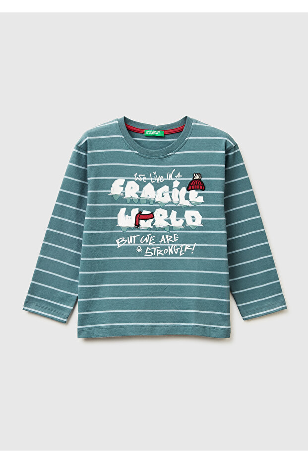 Boy's Gray Striped Front Printed Long Sleeve T-Shirt
