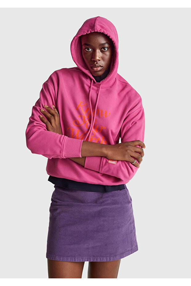 Women's Dark Pink Cotton Blend Front Text Printed Hooded Sweatshirt