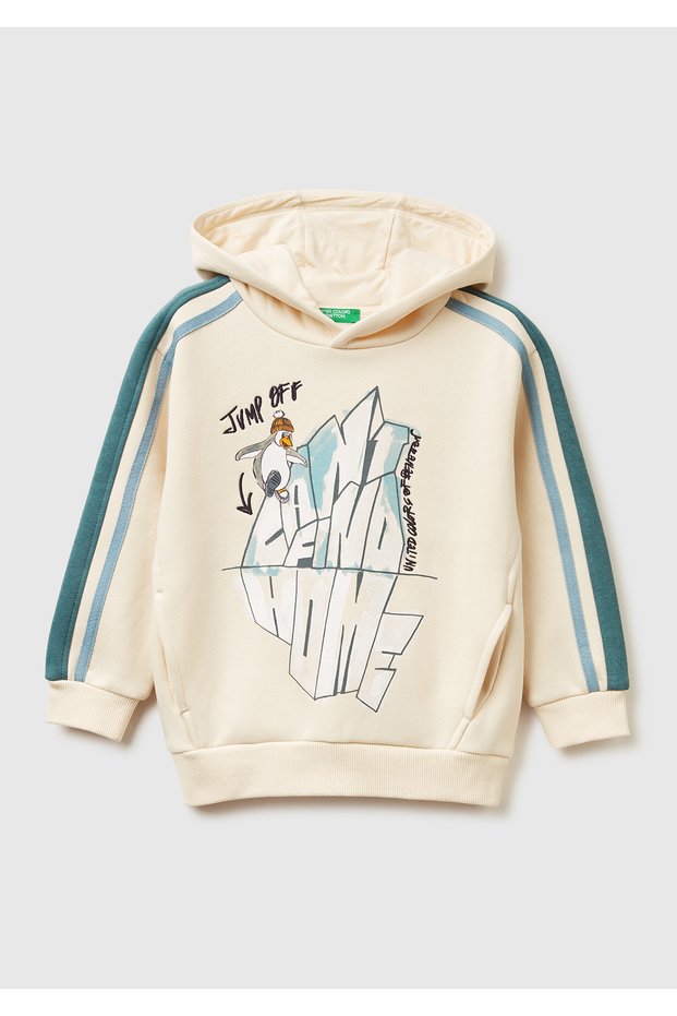 Boy's Cream Sweatshirt with Printed Sleeves and Stripes on the Front Hooded Fleece-Lined