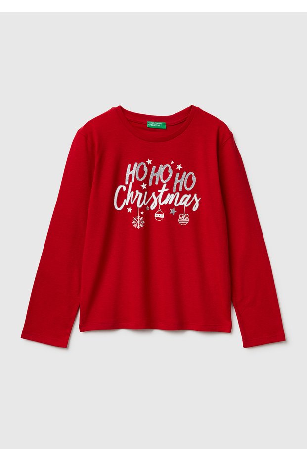 Girl child red front glitter Printed long sleeve t-shirt