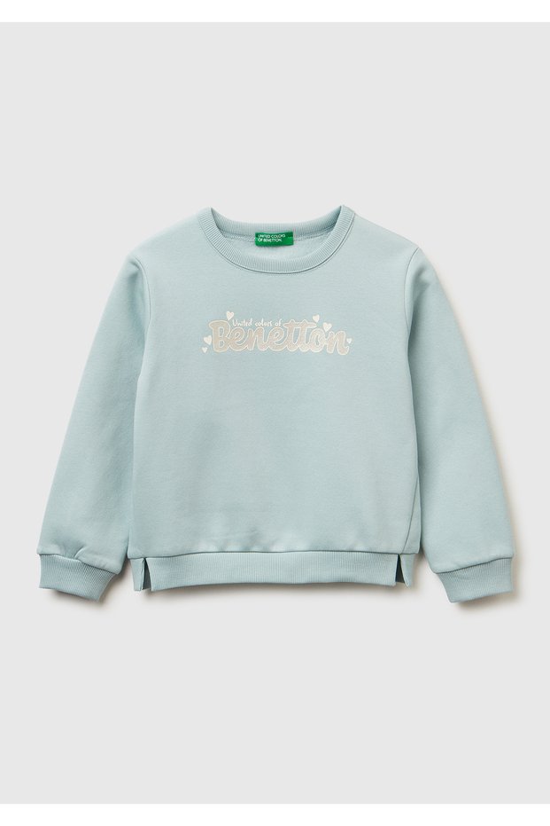 Girl child water green Color Block glitter logo Printed Slit Fleece-Lined sweatshirt