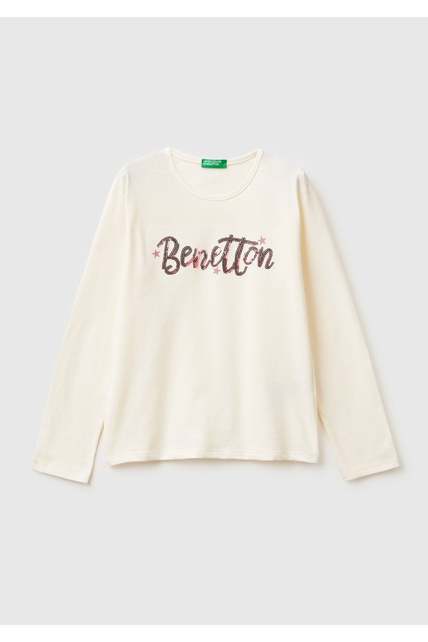 Girl's Ecru Graphic Sequin Embroidered Regular Fit Long Sleeve T-Shirt