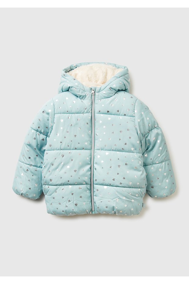 Girl's water green faux fur lined goose down padded jacket with zipper closure