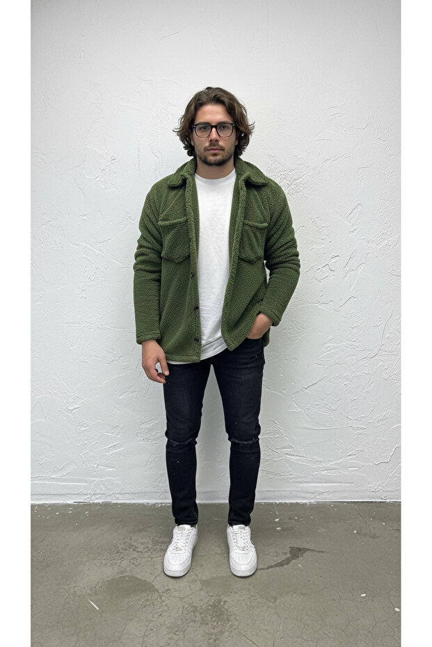 Men'S, Khaki, Buttoned, Pocket Detail, Plush Sherpa, Fur Collar, Textured, Shirt, Jacket