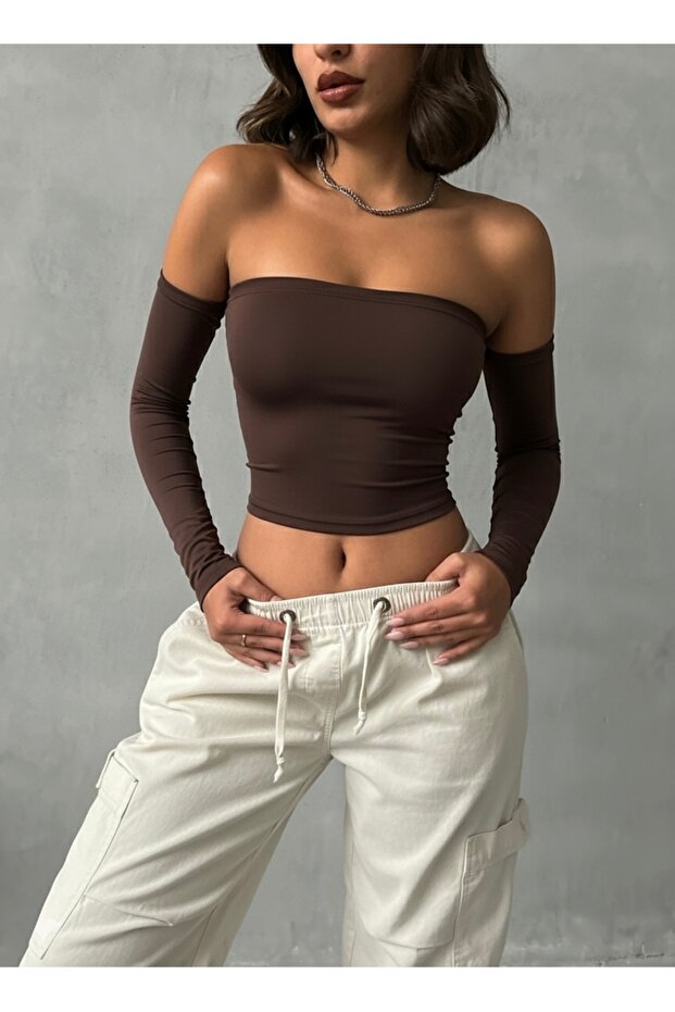 Women's Brown Scuba Strapless Cropped Top