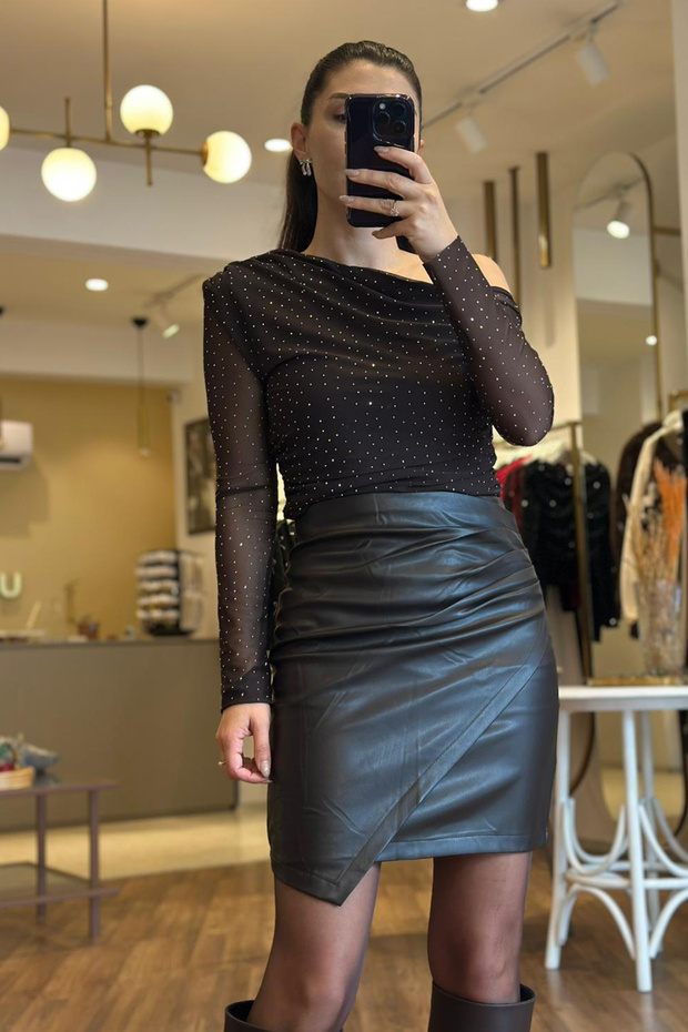 Brown Envelope Leather Skirt