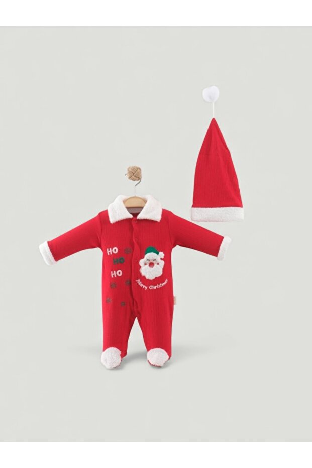 100% Cotton Santa Claus Christmas Themed Hat, Booties, Snap-On Baby Romper Set