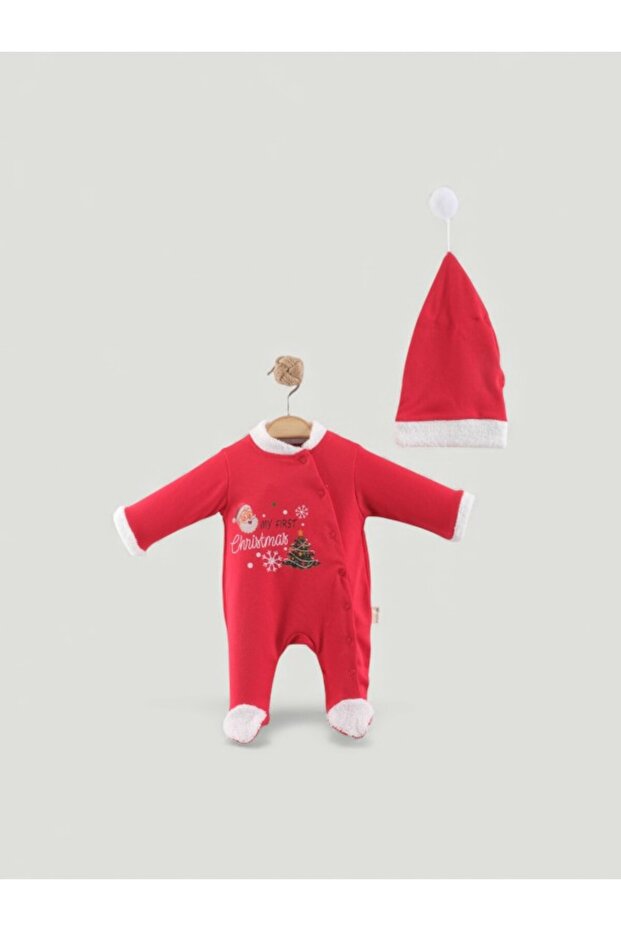 100% Cotton Christmas Themed Baby Romper Set with Hat and Snap-On Booties
