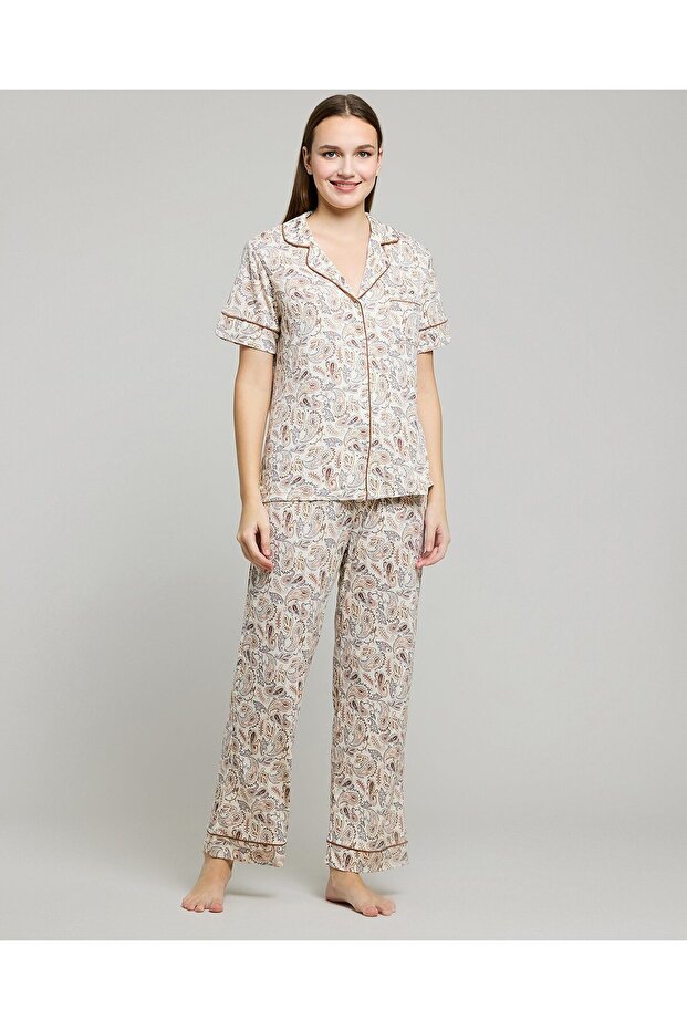 Women'S Beige Printed Pyjama Set