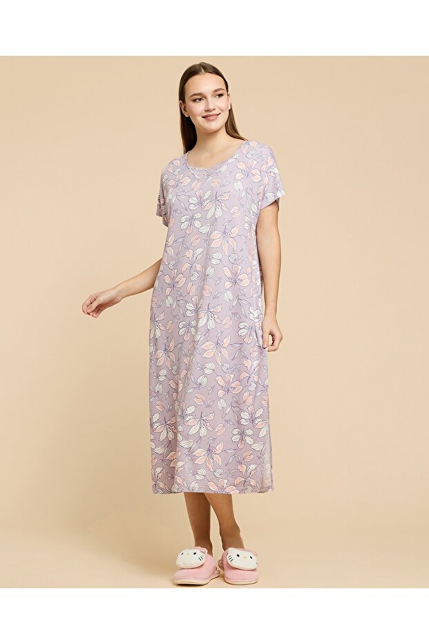 Printed Nightdress With V-Neck And Short Sleeves