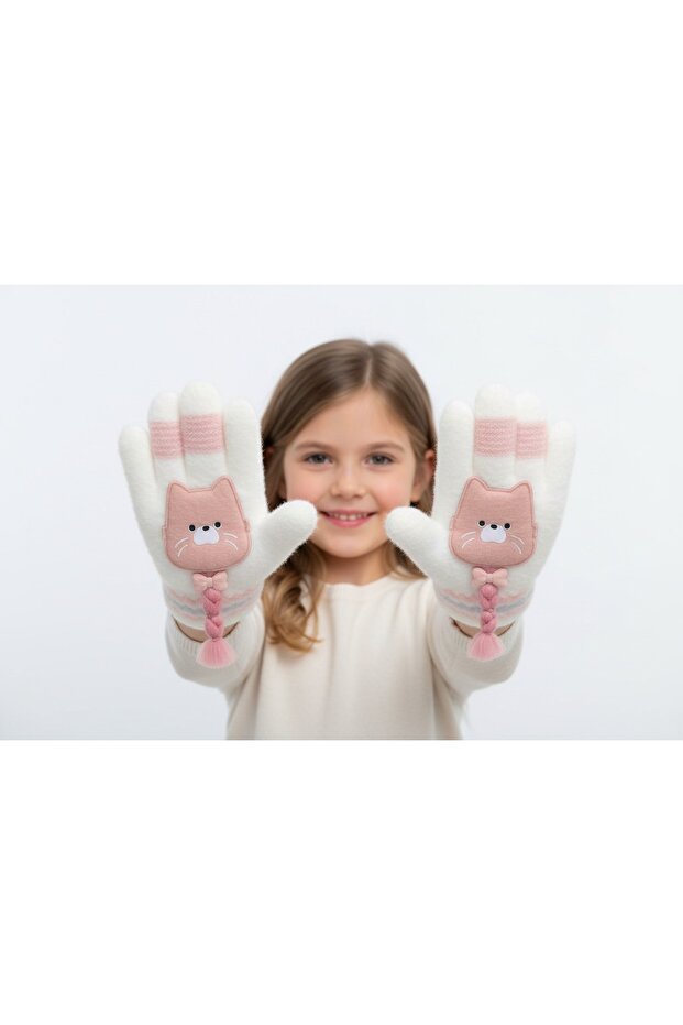 Üstü Pofuduklu Örme Kız Çocuk Eldiven - 1