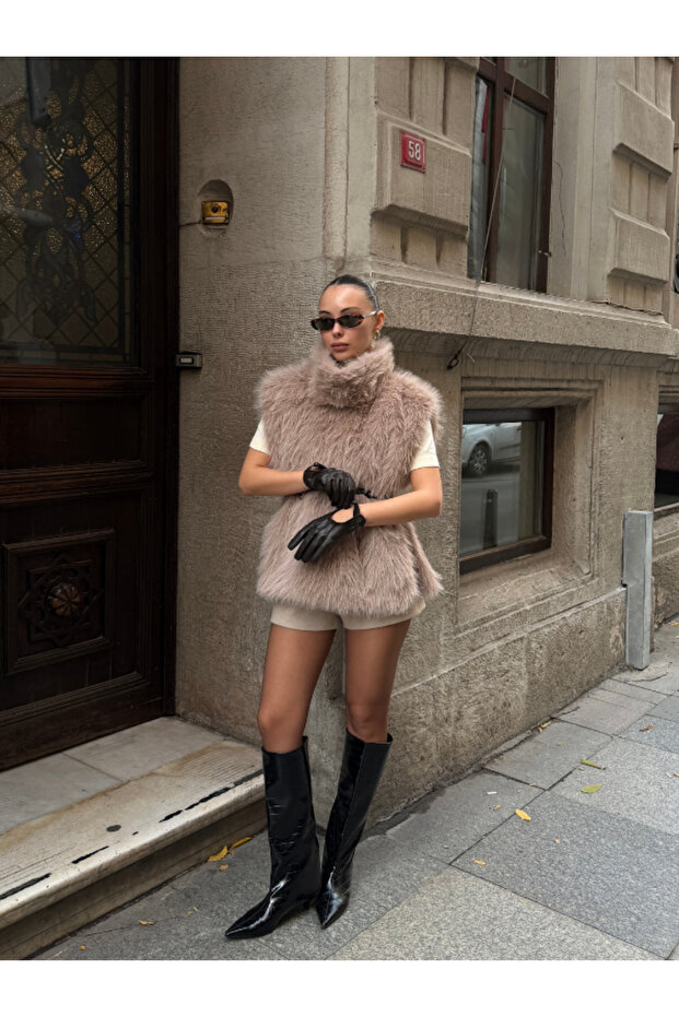 Faux Fur Vest with Open Sides and Belted Waist