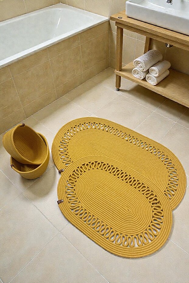 Terra 4-Piece Bathroom Set – 2 Oval Mats & 2 Oval Baskets, Natural Rope Weave, Handmade - Premium