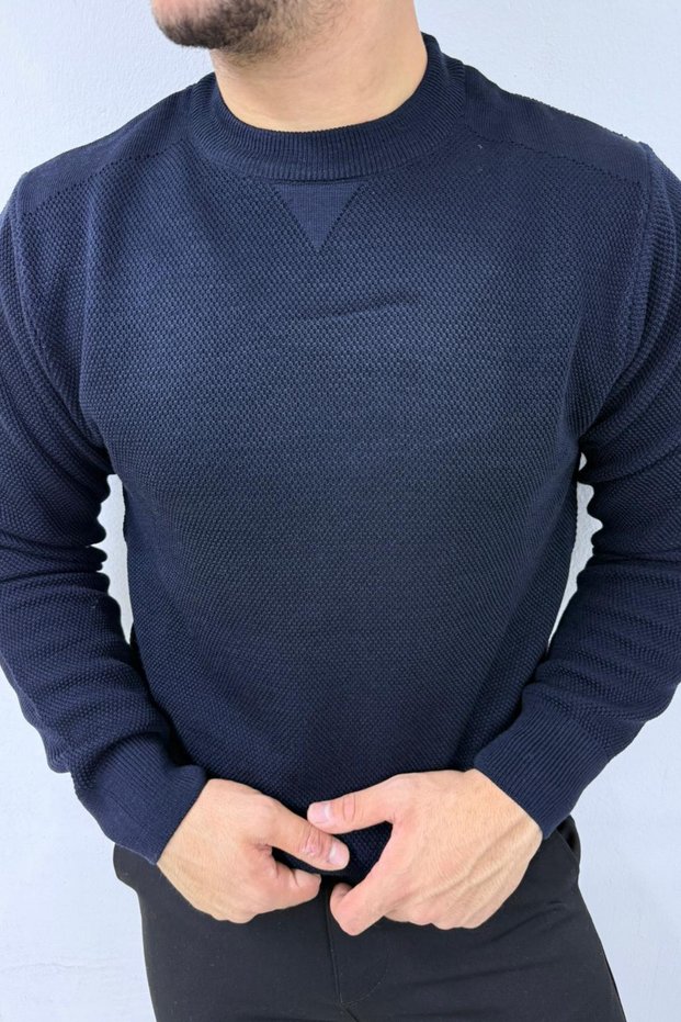 Men's Crew Neck Regular Fit Cut Honeycomb Pattern Sweater
