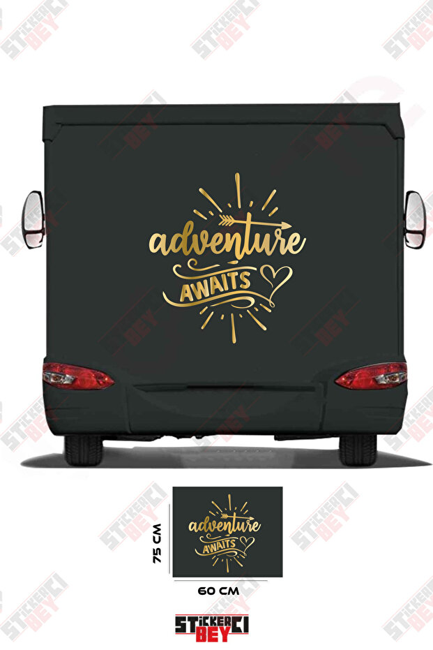 Adventure Awaits Written on the Caravan Sticker with a Heart and Arrow Pattern