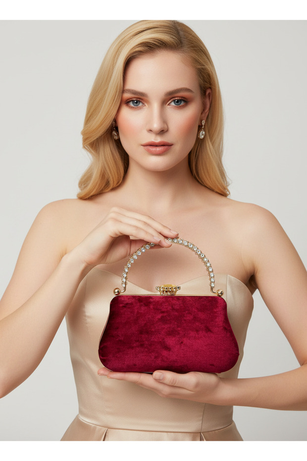Burgundy Gold Crystal Stone and Handle Detailed Luxury Wavy Velvet Women's Evening Dress Bag Wedding Engagement Graduation