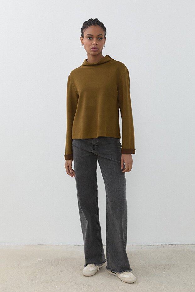 Dik Yaka Basic Cupra Süet Bluz Olive - 3