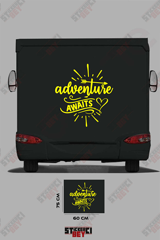 Adventure Awaits Written on the Caravan Sticker with a Heart and Arrow Pattern