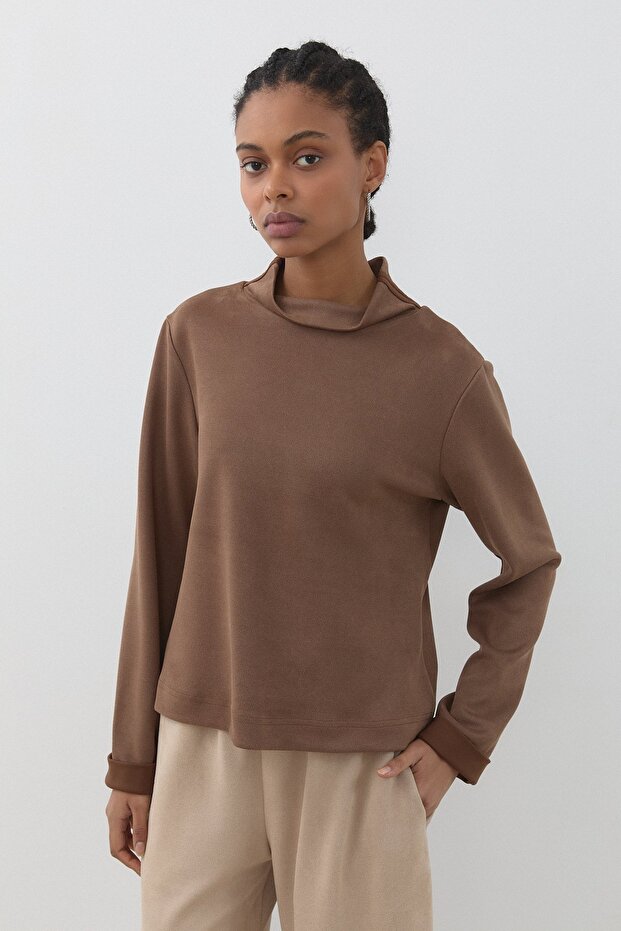 Dik Yaka Basic Cupra Süet Bluz Vizon - 1