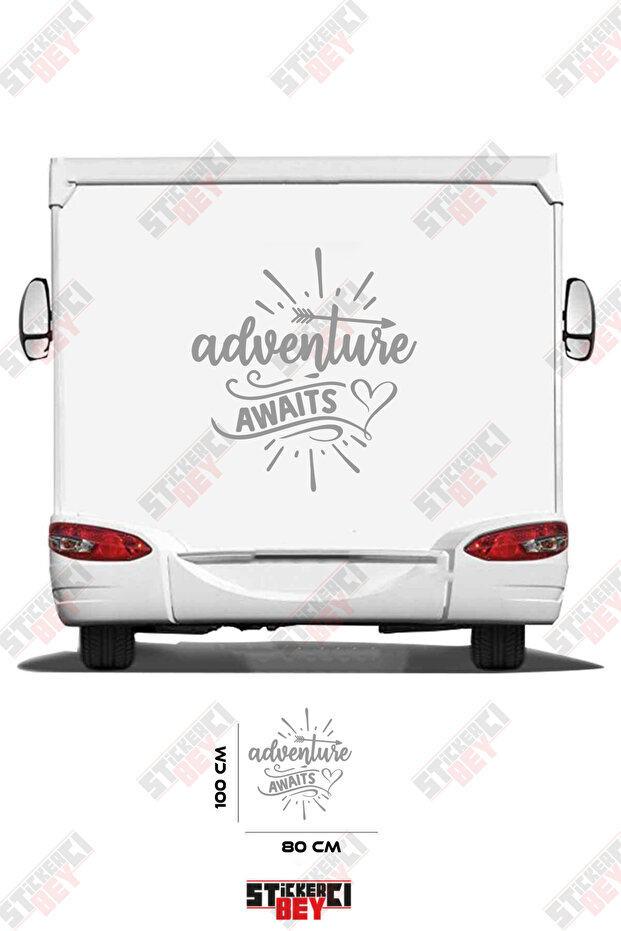 Adventure Awaits Written on the Caravan Sticker with a Heart and Arrow Pattern