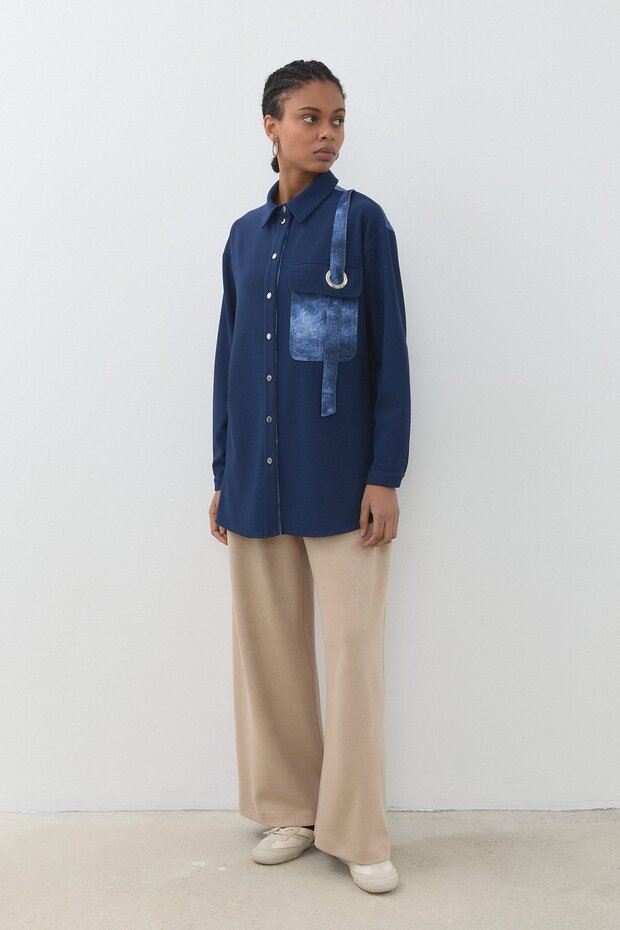 Kuşgözü Detaylı Örme Tunik Lacivert - 3