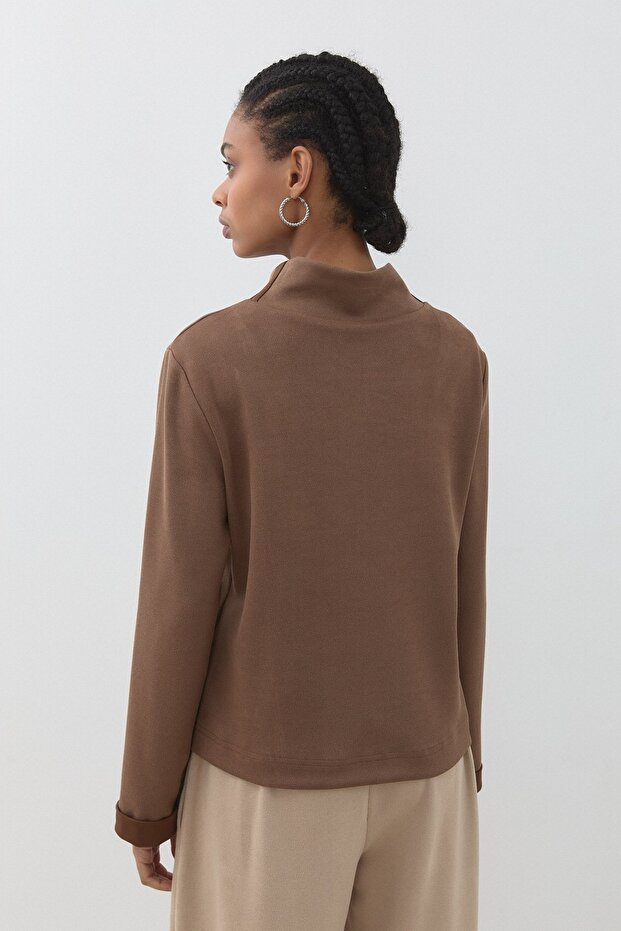 Dik Yaka Basic Cupra Süet Bluz Vizon - 4