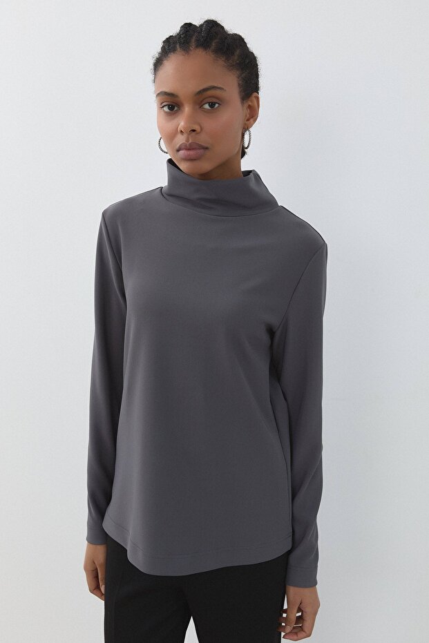 Dik Yaka Basic Örme Bluz Füme - 3