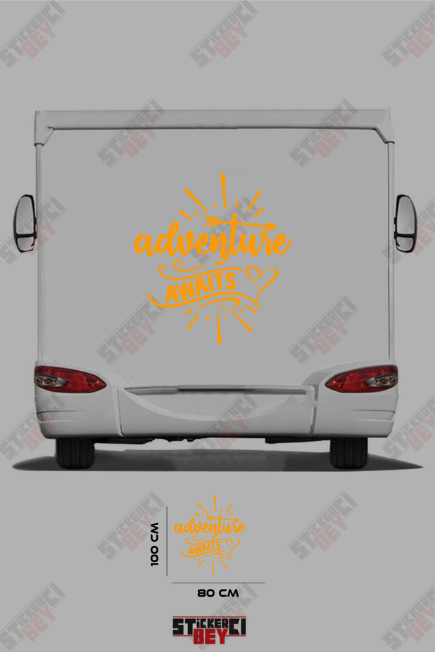 Adventure Awaits Written on the Caravan Sticker with a Heart and Arrow Pattern