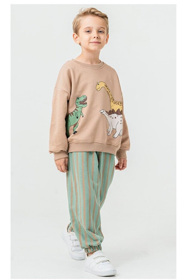 Dinosaur Patterned Crew Neck Striped Bottom Tracksuit Set