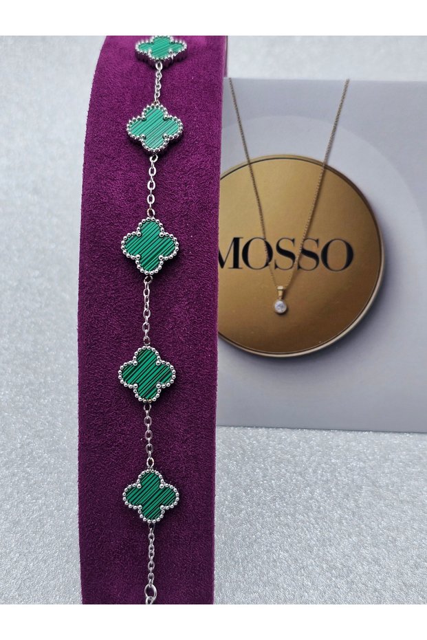 Green Silver Colored Steel Bracelet Clover Model Premium