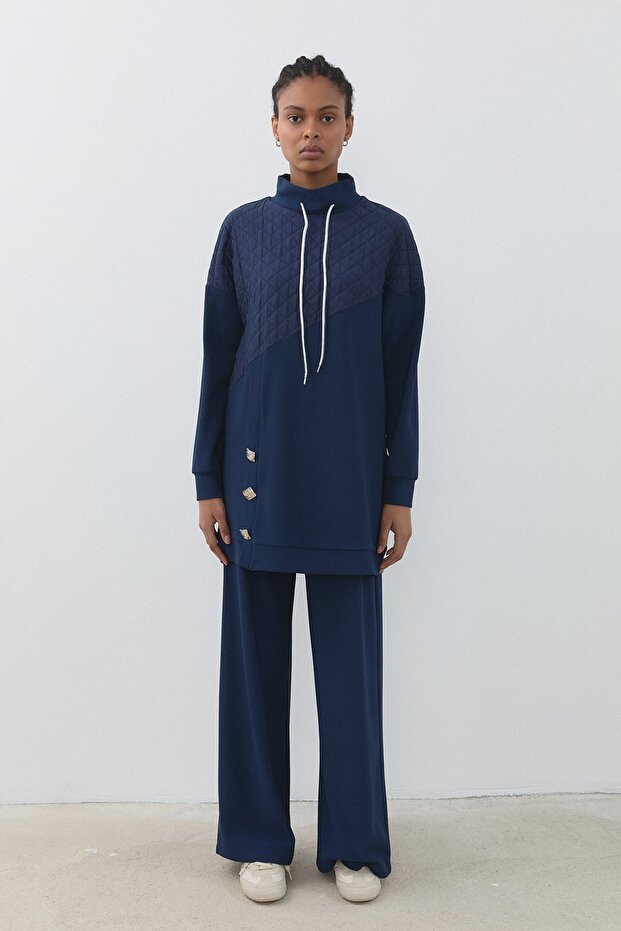 Jacquard Fabric Detailed Knitted Trousers Tunic Set Navy Blue