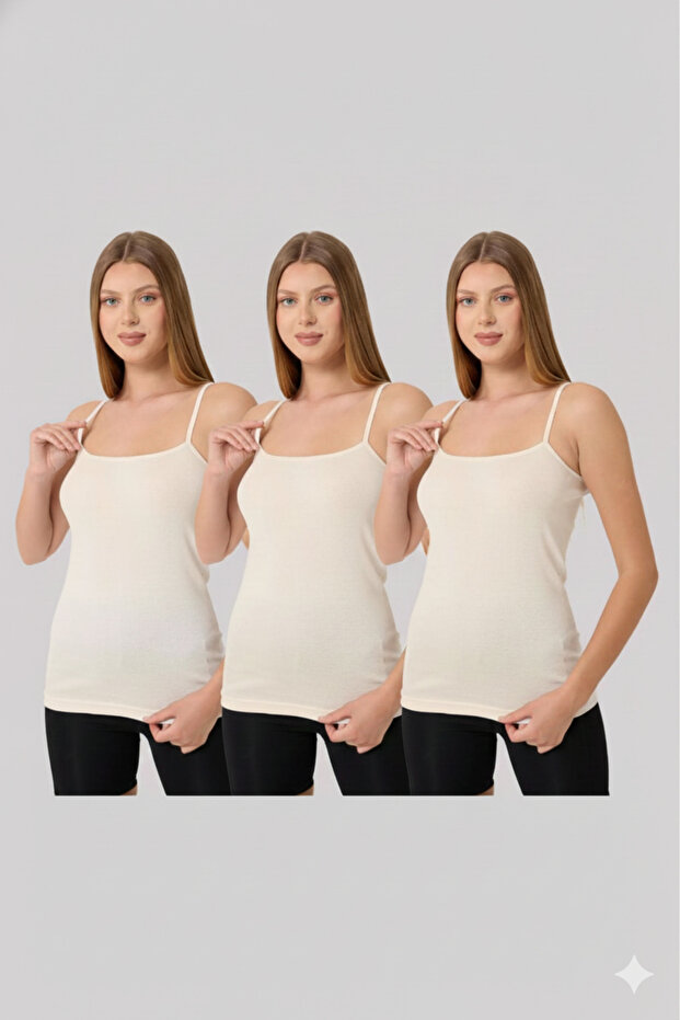 Ekru 3'lü Basic Ip Askı Atlet - 1