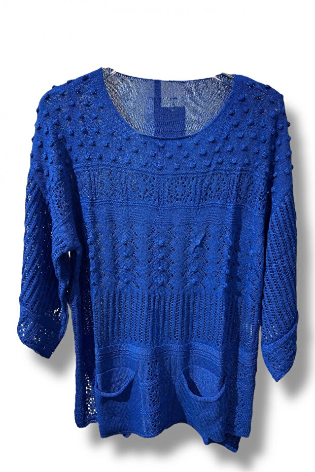 38-48 Size Compatible Mercerized Knitwear Blouse - Textured Patterned Blue