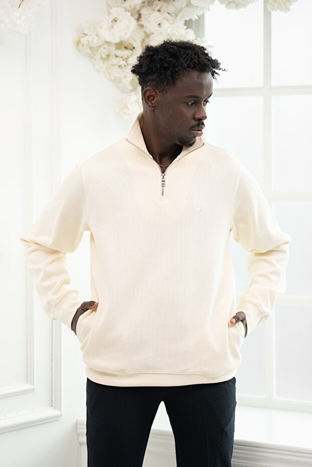 Regular Fit Zippered Mock Neck Cotton Thessaloniki Fabric Sweater with Side Pockets