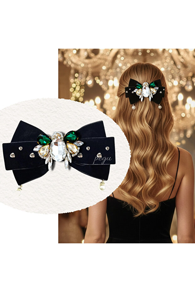 Black Velvet with Stones and Pearls Special Design Automatic Clasp