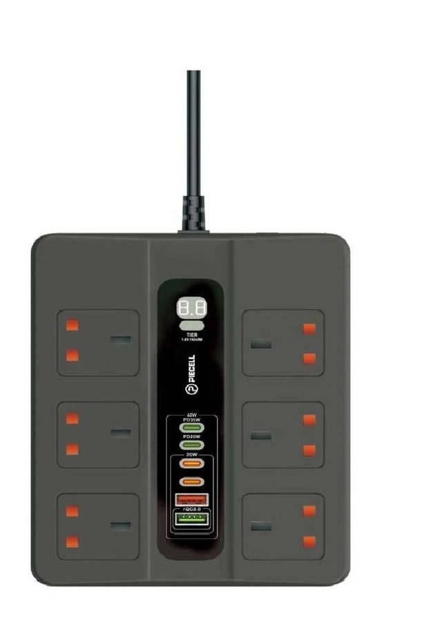 شريط طاقة بطول 5 أمتار مزود بمؤقت - 6 منافذ كهربائية، منفذي USB، 4 منافذ Type-C، قدرة 3000 واط