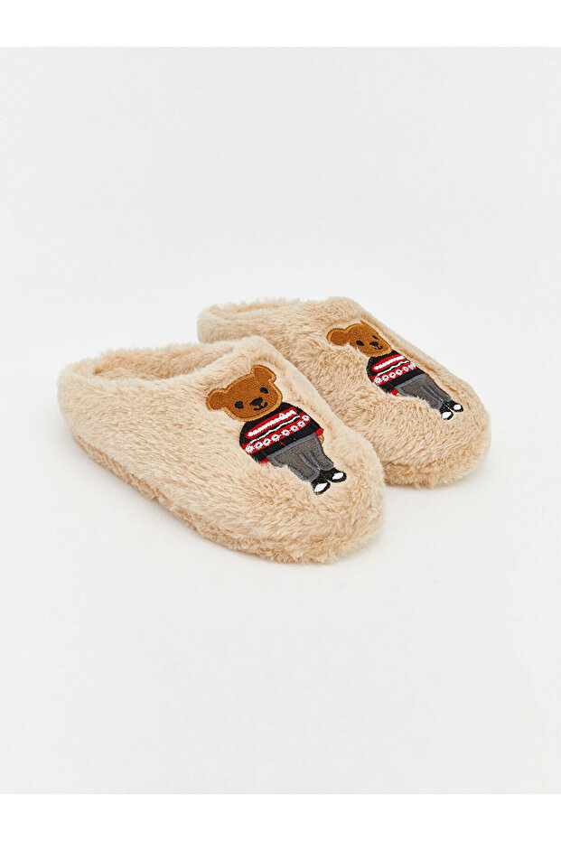 Brown Bear Teddy Embroidered Plush Girls' House Slippers