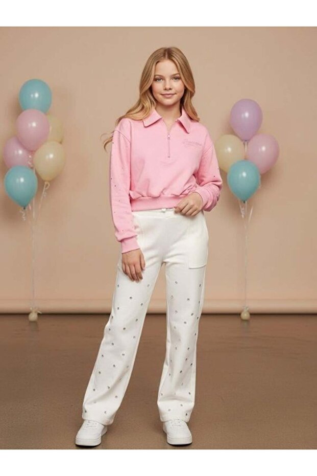 Girl's Sweatshirt with Zippered Collar and Stone Embroidered Sleeves