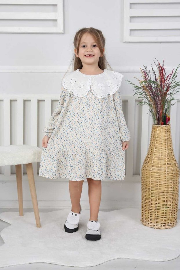 Girl's Self-Patterned Dress with Lace Detail on the Collar
