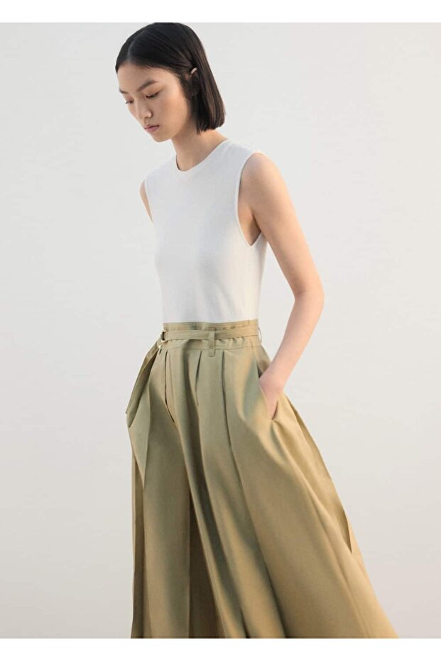 Kemerli flared midi elbise - 1