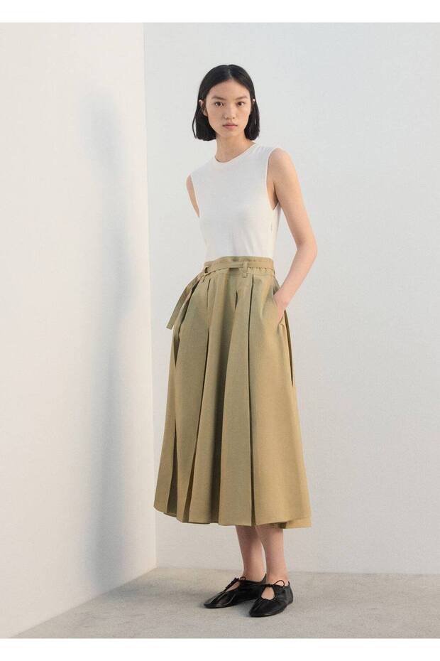 Kemerli flared midi elbise - 2