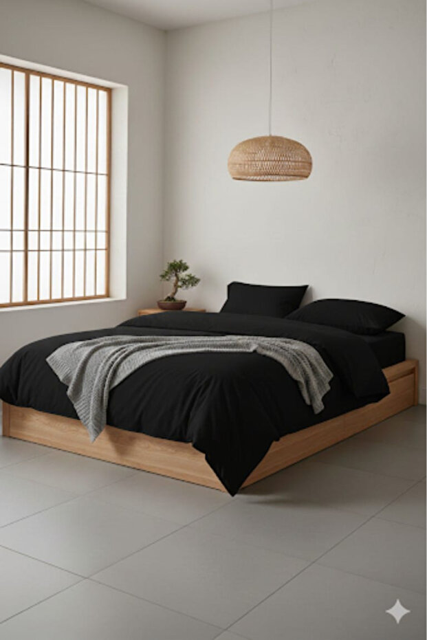 100% Cotton Fabric Plain Black Double Size Duvet Cover Set (with Elastic Sheet)