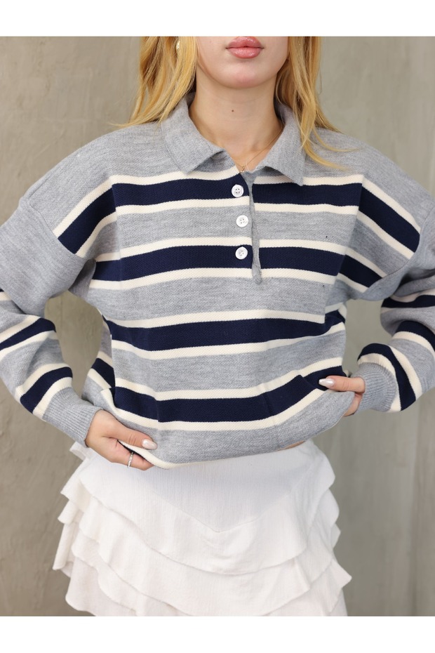 Women's Striped Gray Polo Neck Knitwear Sweater Buttoned Off Shoulder Long Sleeve Oversized Mold Trend New Season