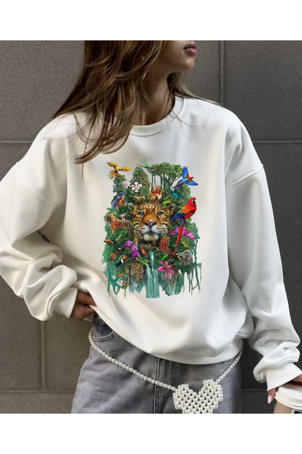 Forest Animals Printed Crew Neck 3-Thread Sweatshirt