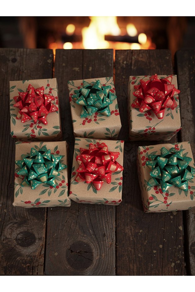 Green Bow Star Ornament Gift Package Decoration Set of 10 - Raffia Adhesive 9cm