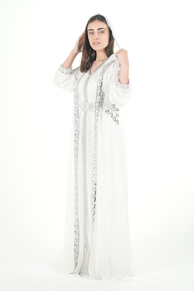 Belted embroidered kaftan dress