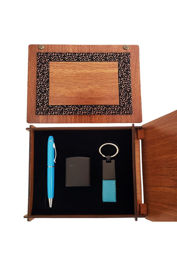Lighter and Blue Pen Keychain Set with Wooden Box