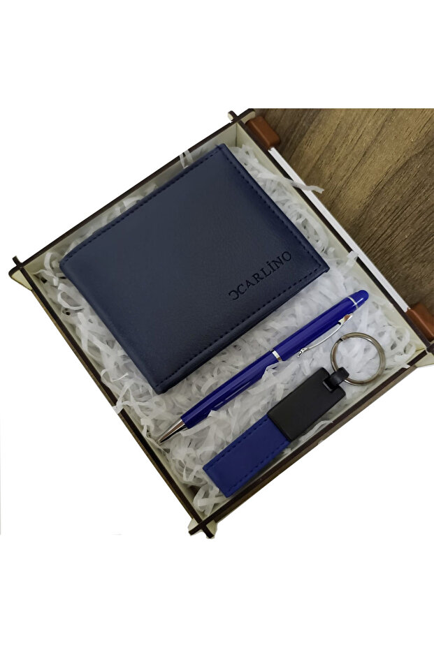 Blue Wallet Pen and Leather Blue Keychain Set