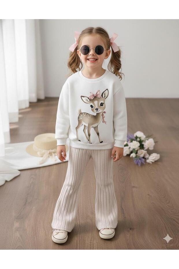 Girl's Corded Fabric Fabric Flared Pants and Crew Neck Cute Gazelle Sweatshirt